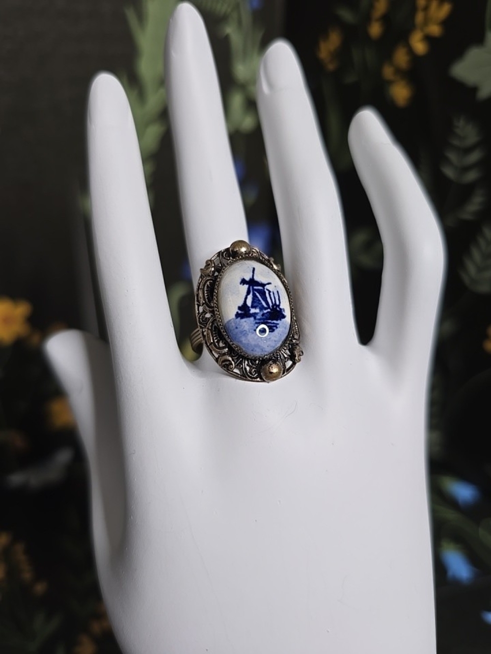 Vintage Ceramic Delft Blue and Silver Porcelain Windmill Ring - Women's Jewelry